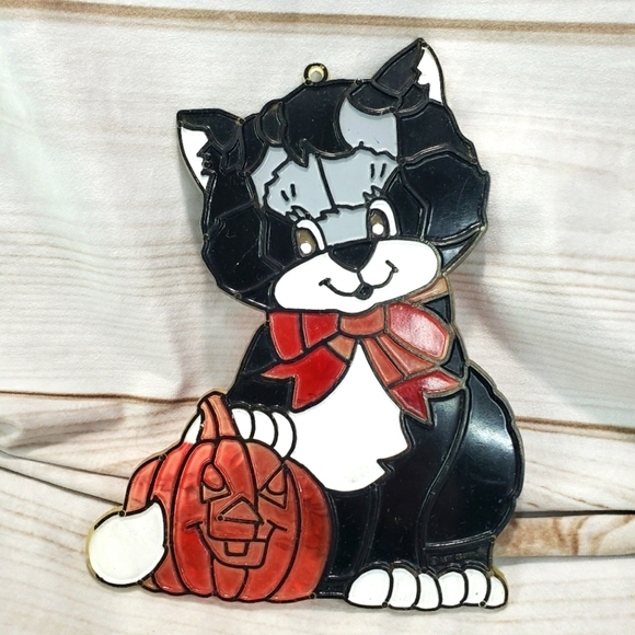 New Design Halloween Black White Cat & Pumpkin Plastic Sun Catcher Window 8 Inch - Picture 1 of 8